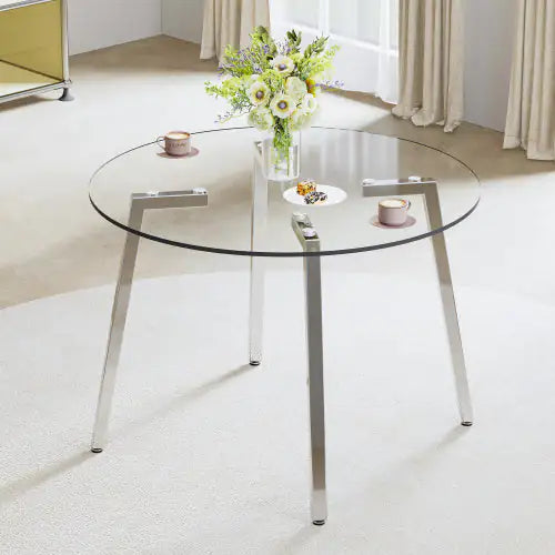 Modern Minimalist Style Round Transparent Tempered Glass Table, Tempered Glass Top, Silver Metal Legs, Suitable For Kitchen, Dining Room, Living Room Unavailable Platforms- AliExpress
