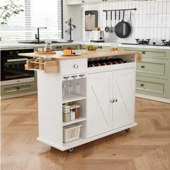 Kitchen Island Trolley With Solid Wood Top, Wine Storage, Spice Rack, Towel Rack, Wine Glass Holder
